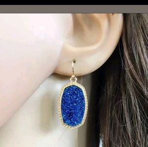 Lee Type Blue Druzy Stone Gold Trim Earrings NWOT